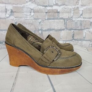 Vintage 90s Lower East Side Vegan Suede Wedge Loafer Olive Size 9 1/2  Platform